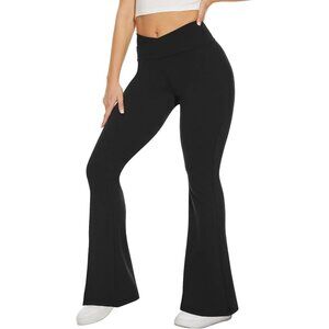 Black Flare Leggings for Women, Crossover Yoga Pants with Pockets Bootcut Flared